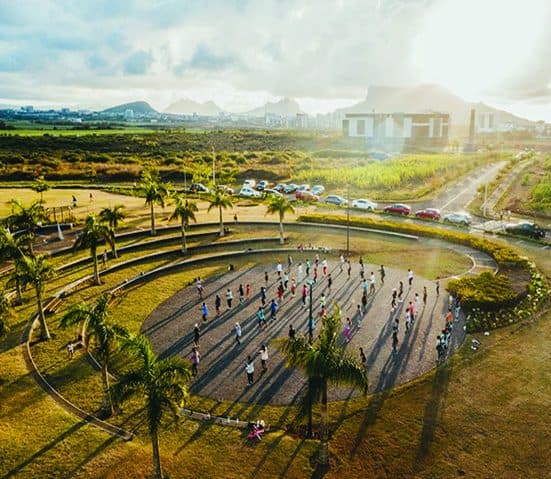 Aerial view of the Oval Park amphitheatre facing the Moka Range