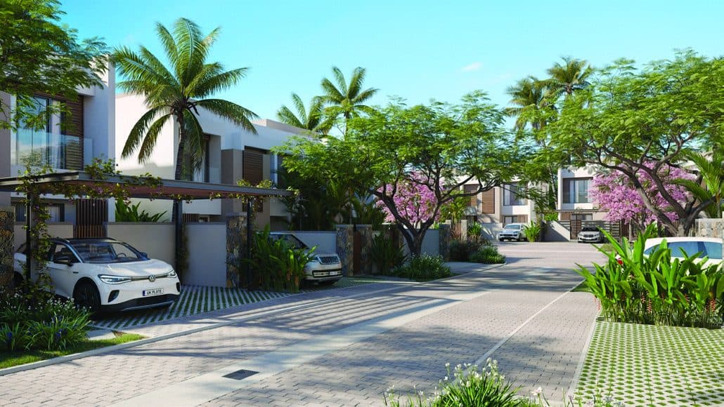 Residential street with soft planting and shade trees