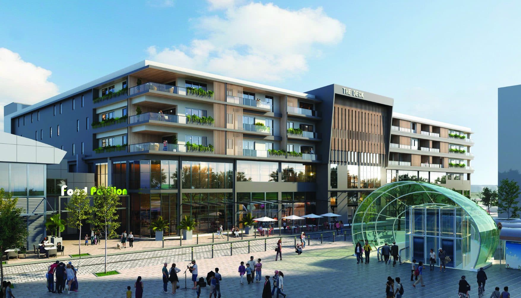 Mixed-use building frontage with landscaped plaza